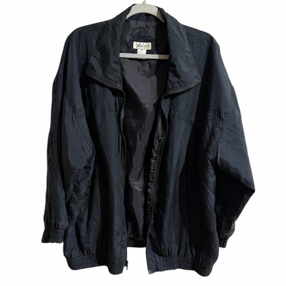 Bogari Womens Vintage 100% Silk Full Zip Pintuck Bomber Jacket Black Medium
